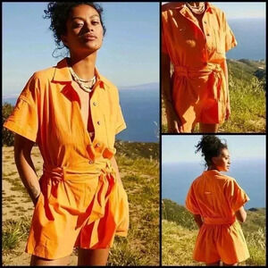 Free People No Plans Orange Smocked Waistband Boho Cottagecore Romper Size XS